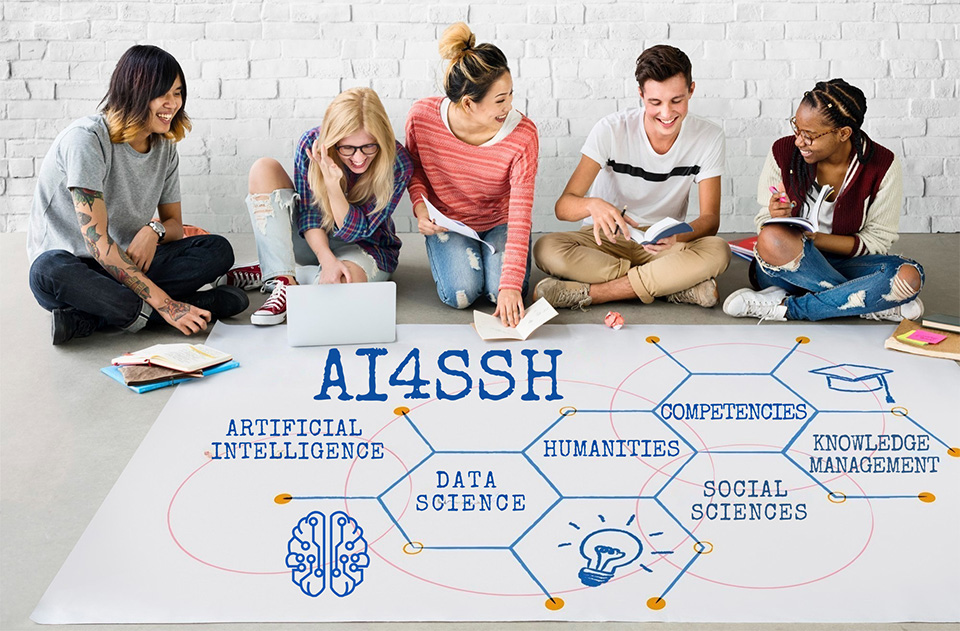 Students study on floor with AI4SSH WordCloud